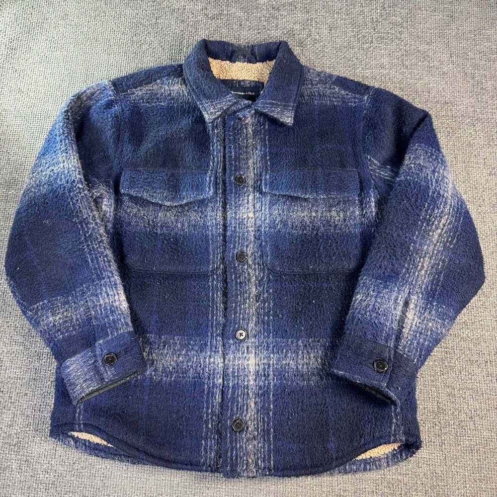 Abercrombie & Fitch Shirt Jacket Mens L Blue Plaid Sherpa Wool Blend Relaxed